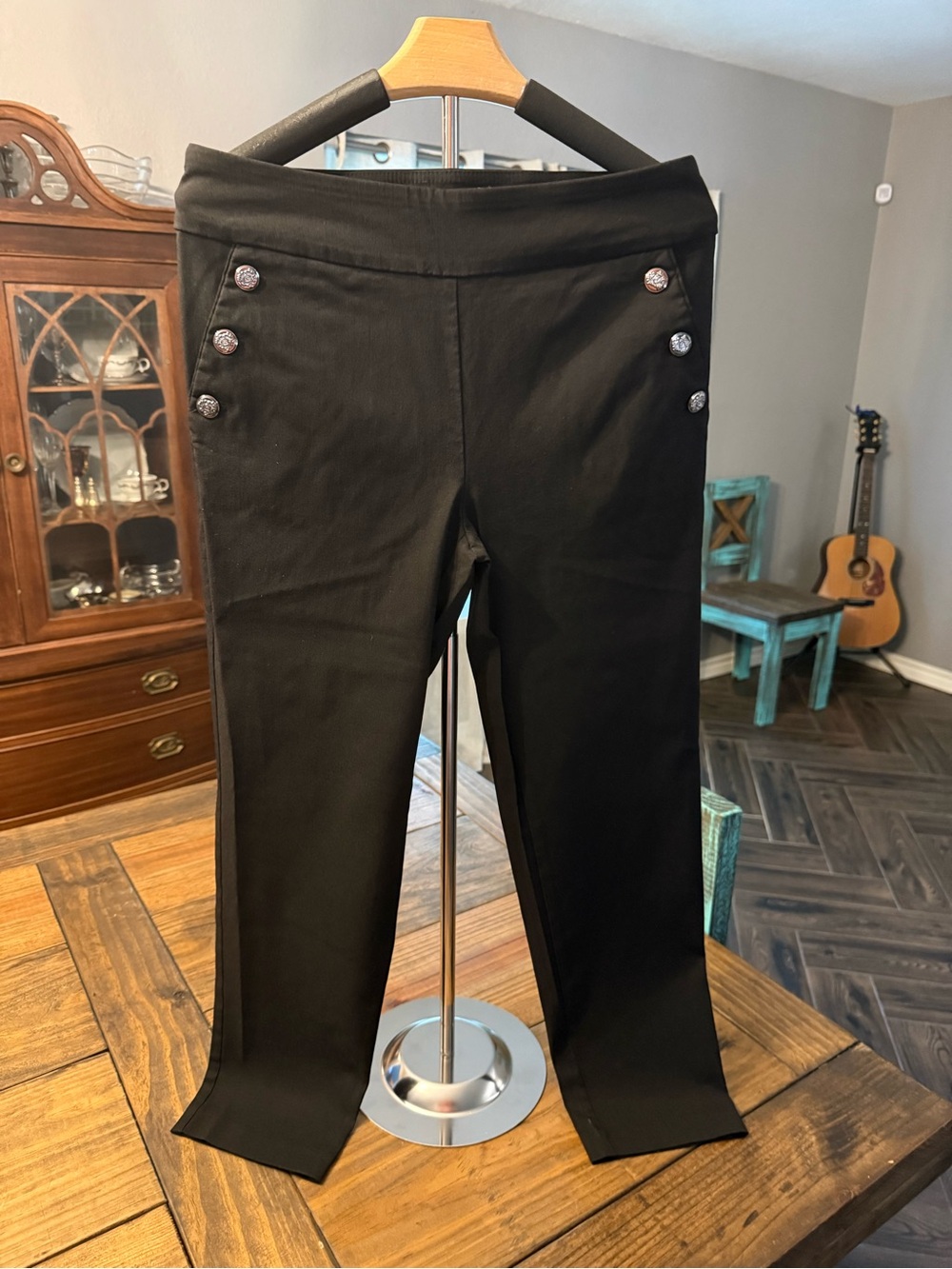 Ladies Black Knit Ponte Pants with Decorative Buttons